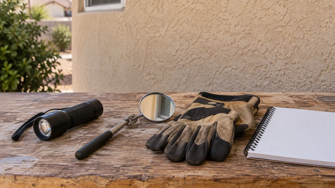 Flashlight, inspection mirror and notebook arranged on a work surface