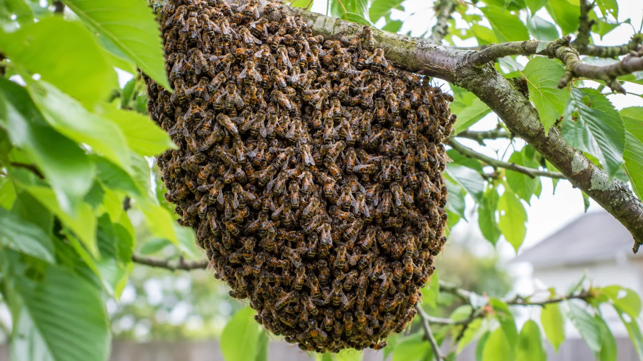 Honeybee swarm clustered on a branch in a residential garden