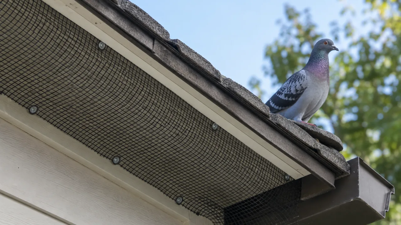 Pigeon beside exclusion mesh fitted beneath a residential eave