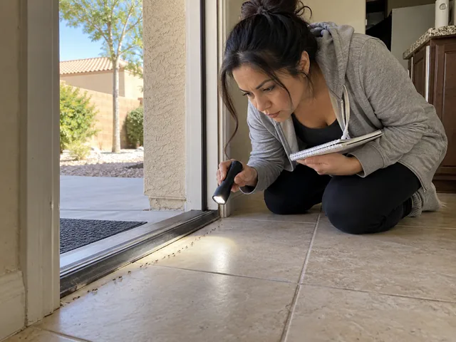 Person examining a home doorway with a flashlight and notebook to document pest activity