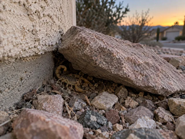 Stone and gravel beside a stucco foundation at dusk, a possible scorpion shelter