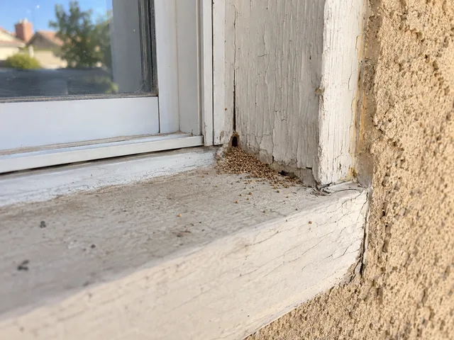 Weathered window trim and stucco on a Southern California home, photographed for wood-pest inspection context