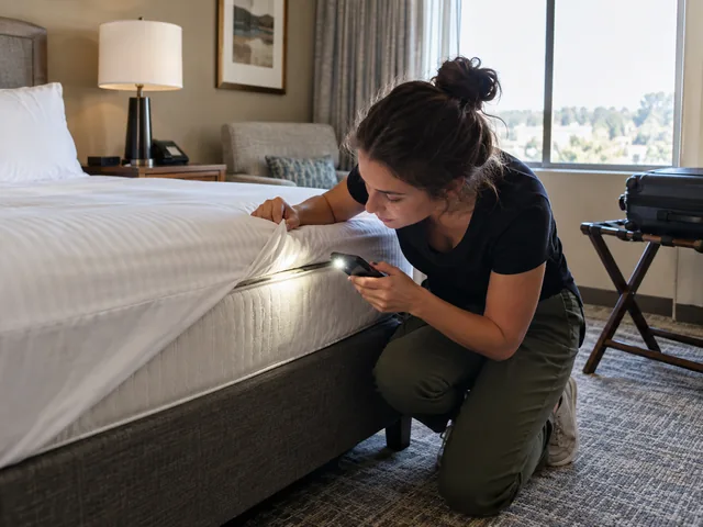 Traveler checking a mattress seam with a phone flashlight while luggage rests on a rack