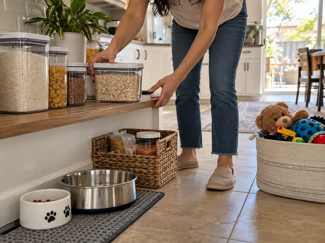 Household items and pet bowl being organized in a kitchen before a service appointment