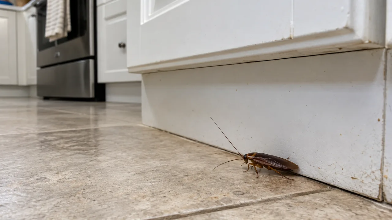 A small cockroach beside a kitchen cabinet toe-kick