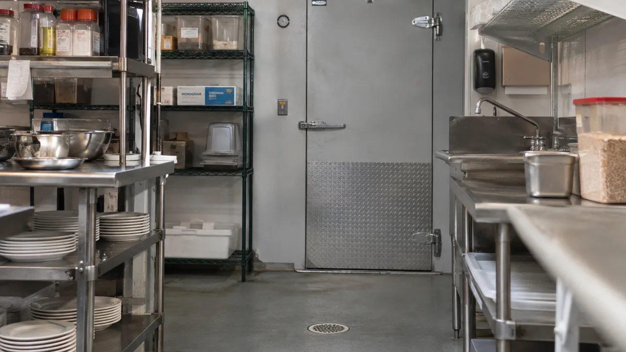 Restaurant preparation area with stainless surfaces and access details