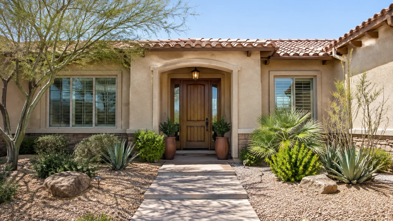 Residential front entrance with drought-tolerant landscaping
