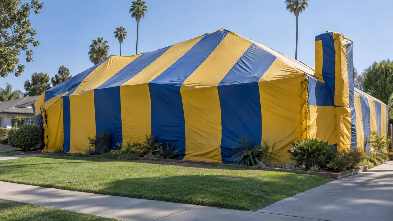 Illustrative home enclosed in a professional structural fumigation tent