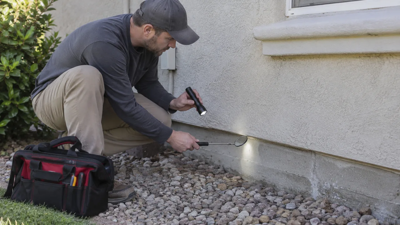 Illustrative exterior inspection of a residential stucco foundation