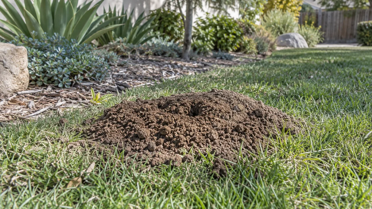 Fresh soil mound in a landscaped California backyard