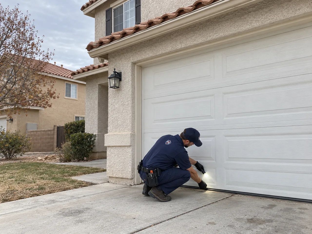 Uniformed technician checking the edge of a residential garage door