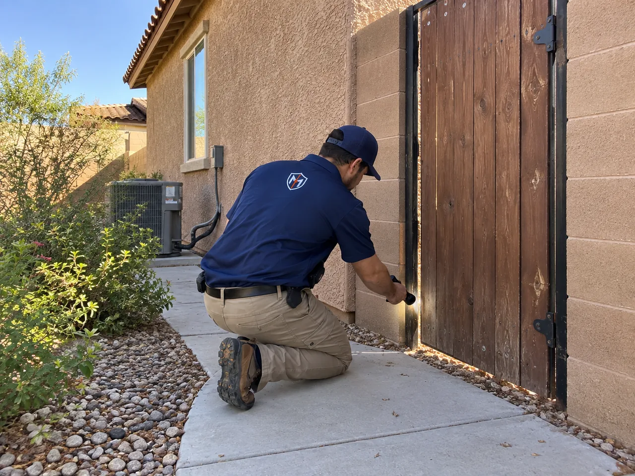Uniformed technician checking a side gate beside a stucco house