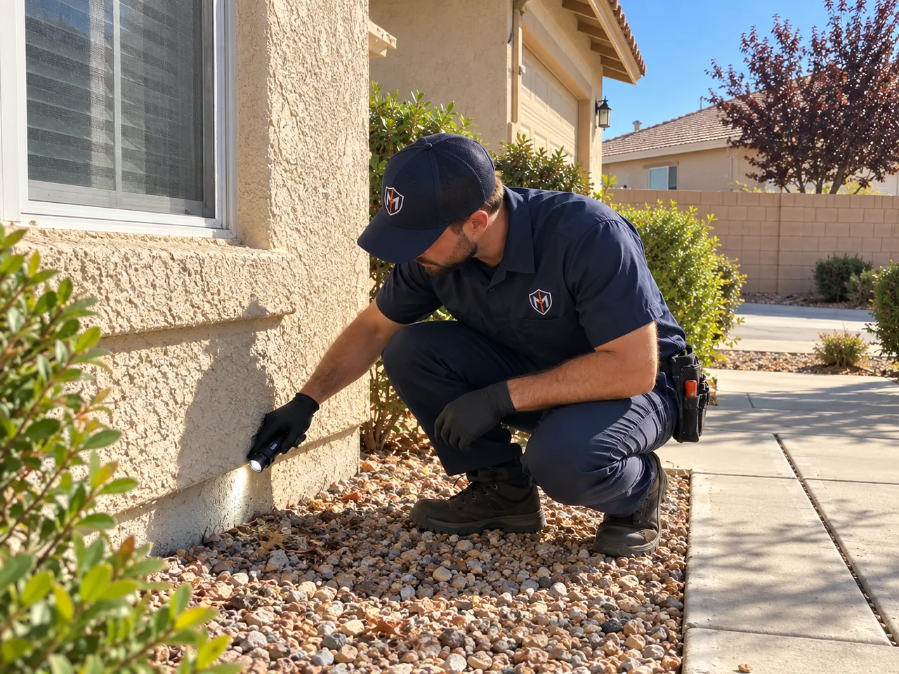 Technician in Meridian workwear inspecting the outside of a stucco home