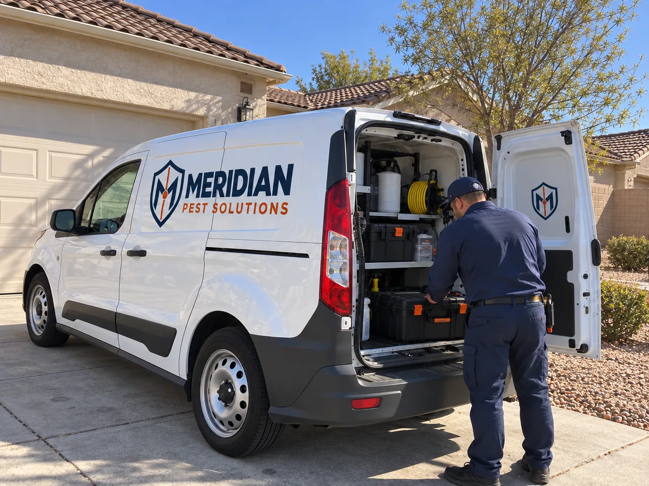 Meridian-branded service van with equipment cases at the open rear doors