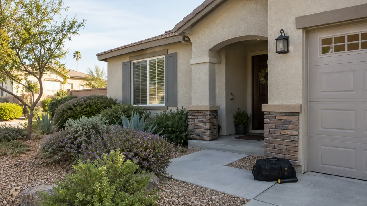 Modest California stucco home with a pest inspection kit beside the foundation