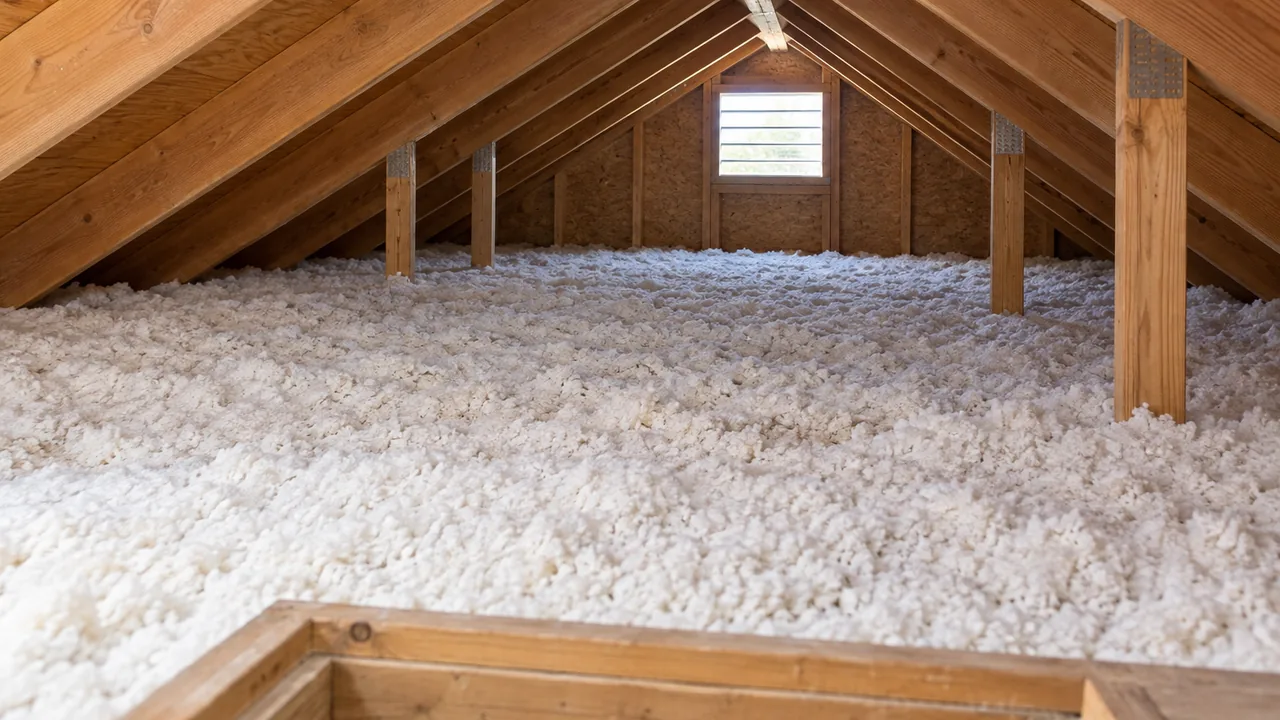 Timber roof rafters above loose-fill insulation in a residential attic