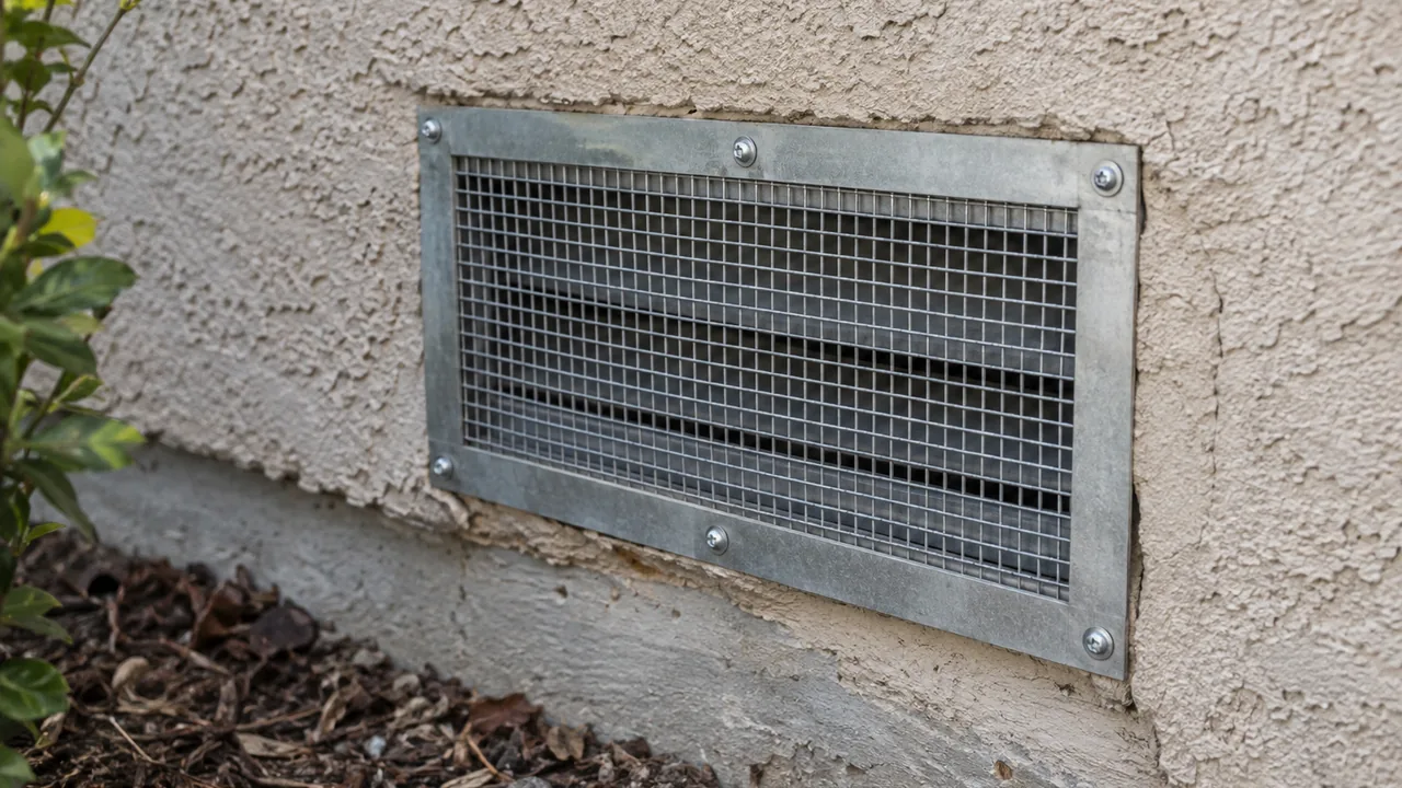Repaired exterior vent with fitted galvanized mesh and screws