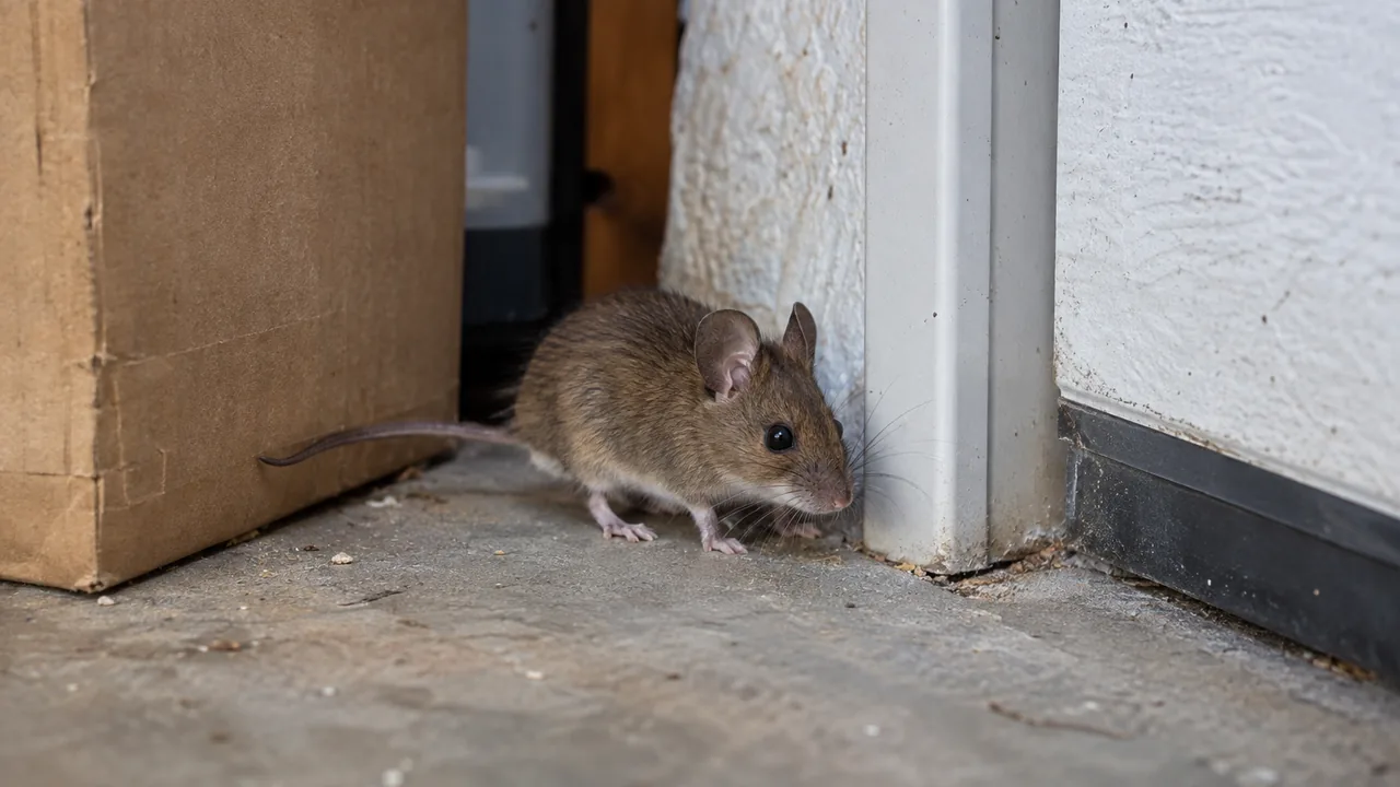 A house mouse beside a garage wall and stored cardboard