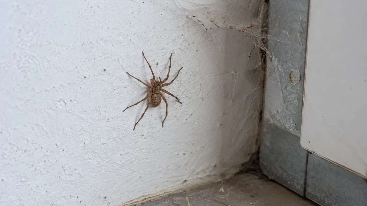 A small house spider beside a cobweb in a garage corner