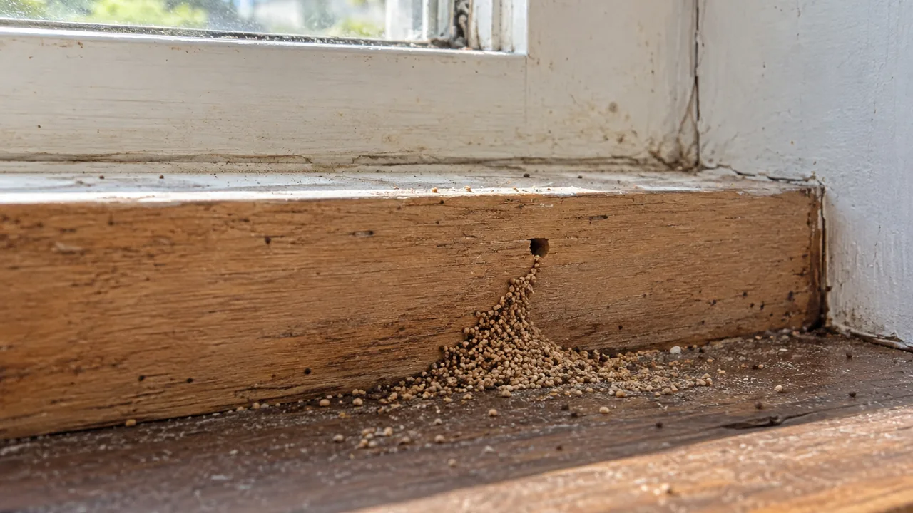 Small pellets beneath an opening in a wooden window sill