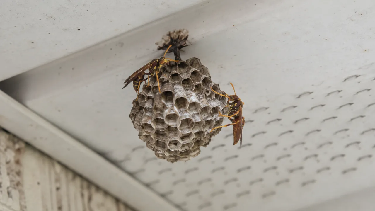 Paper wasps on a small nest beneath a residential eave